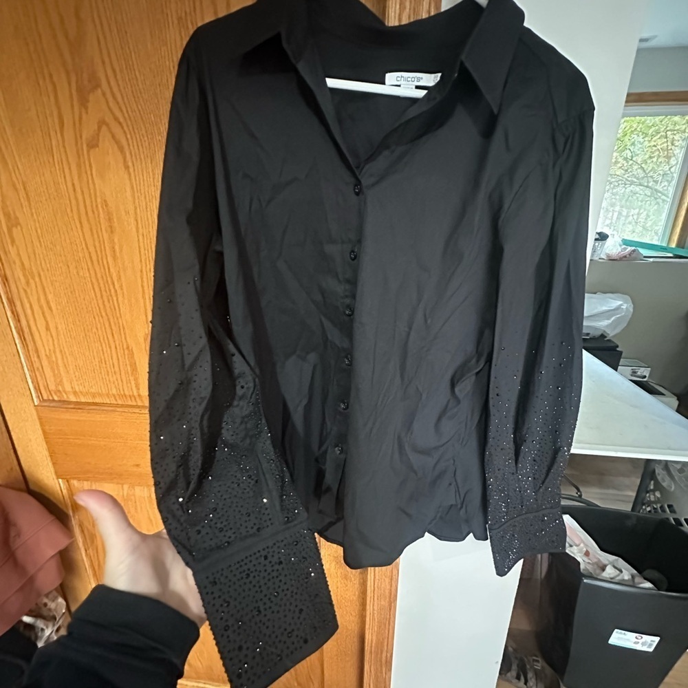 Chico's Black Button Down Shirt with Embellished Sleeves-LIKE NEW!!